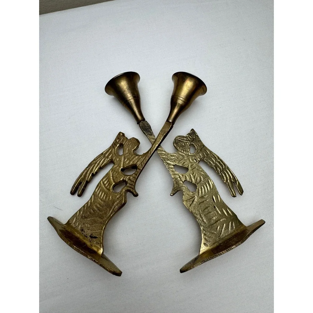 Vintage Brass Angel Candle Holders Set‎ of 2 Trumpet Heralding Angel Brutalist